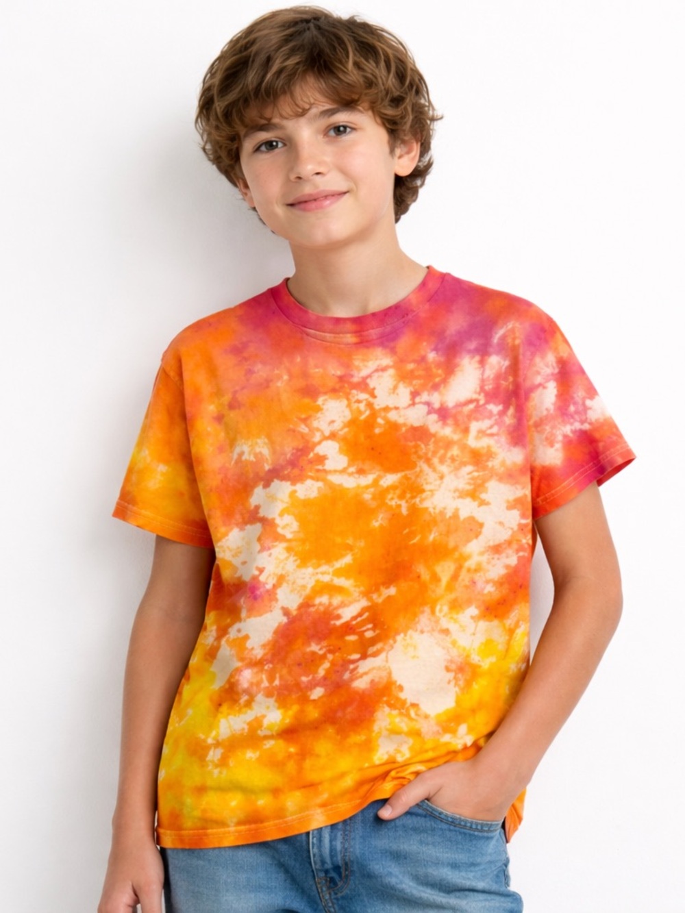 Tie Dye T Shirt Orange Yellow Pink Short Sleeve Youth Large
